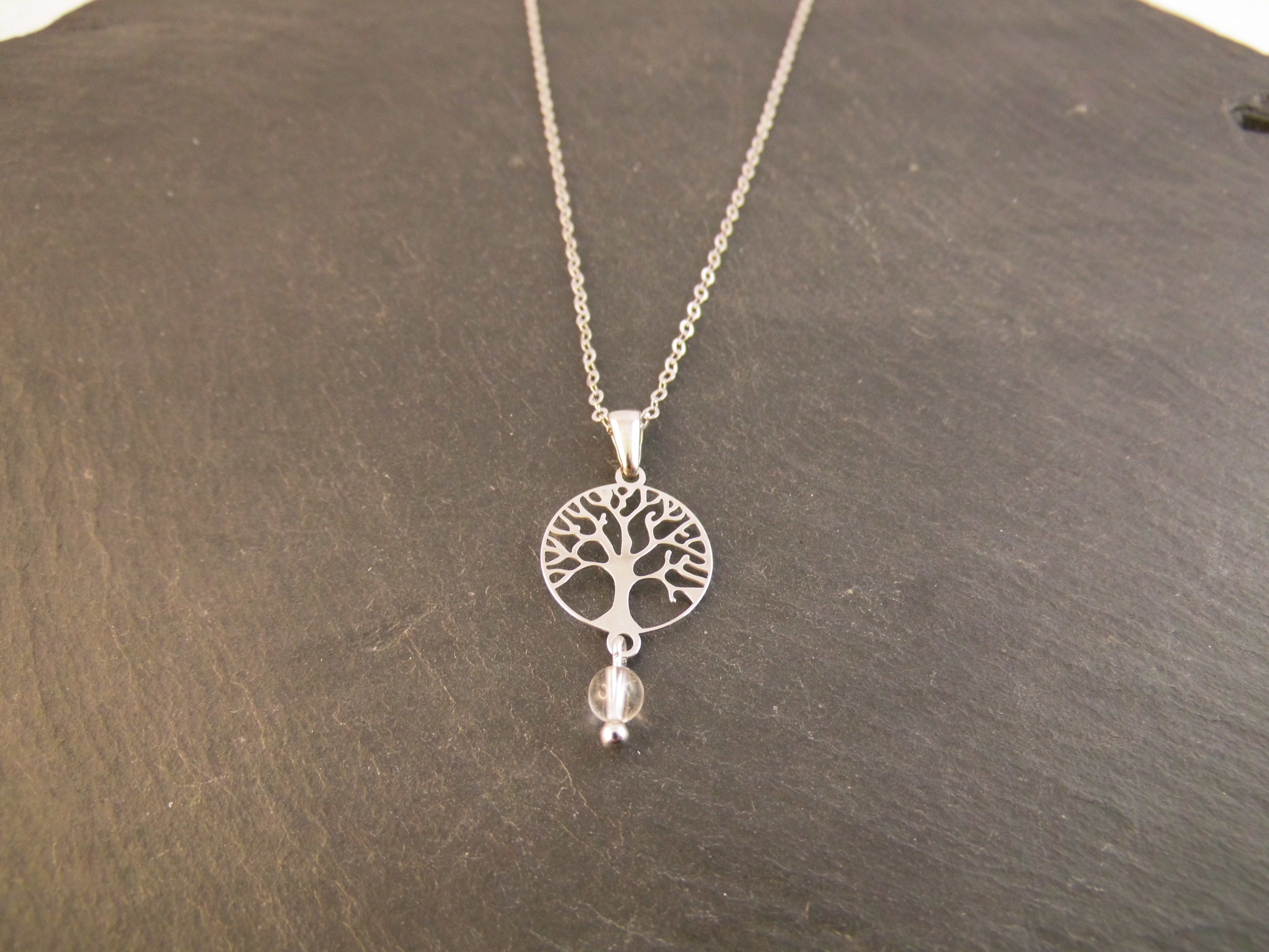 925er Echt Silber Kette rhodiniert Baum des Lebens mit Bergkristall