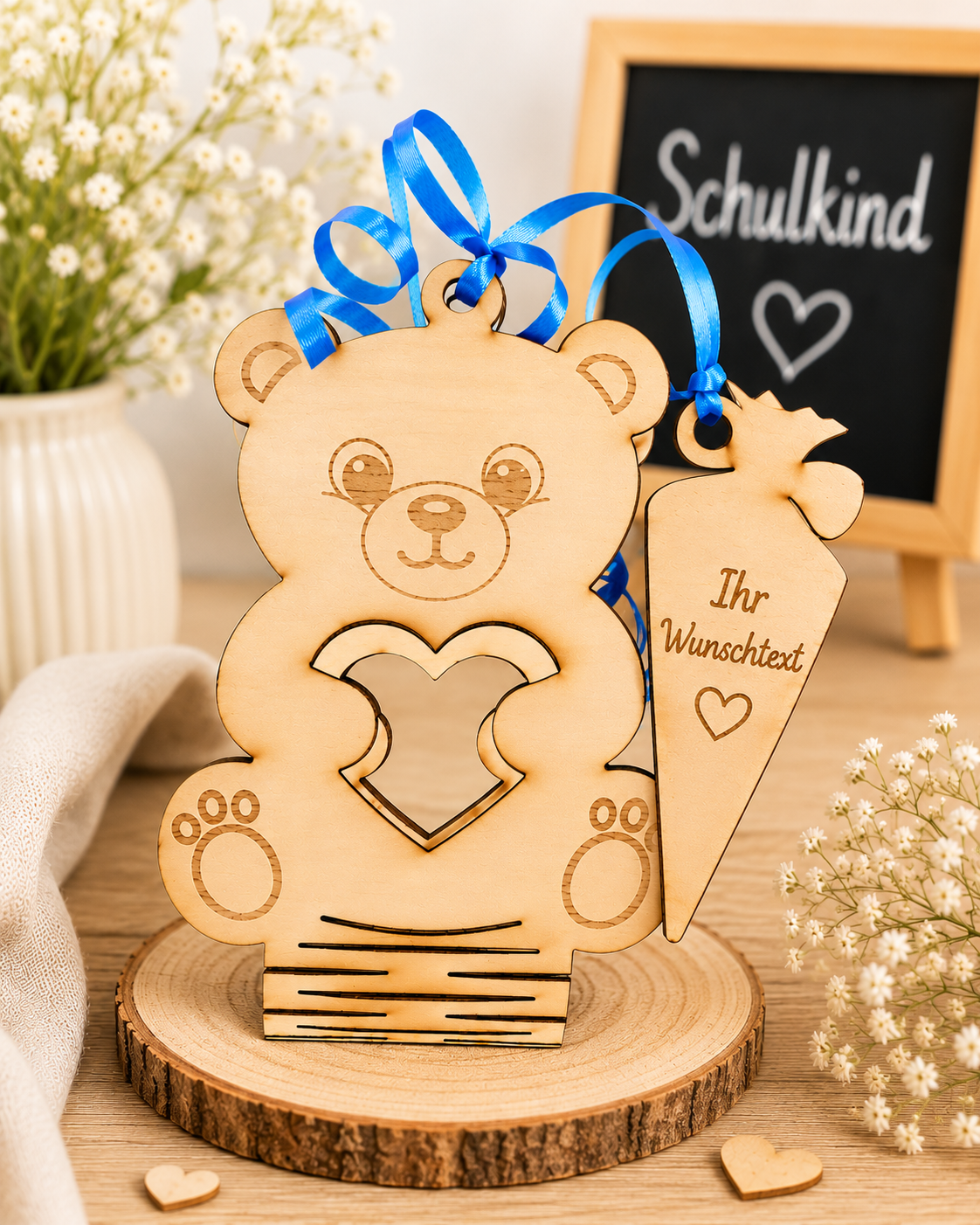Personalisierter Holzbaer / Teddybaer / Baer zum Schulanfang als Gastgeschenk oder Tischdeko mit Wunschtext